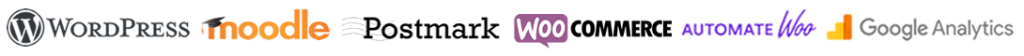 Moodle, Google Analytics, Woocommerce, WordPress Logos.